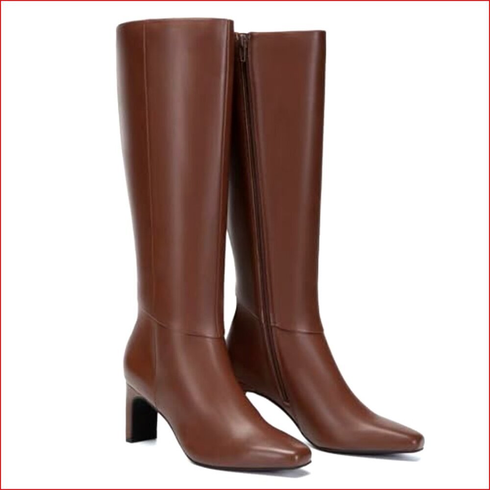 PU Leather Knee High Boots Square Toe Chunky Heel Side Zipper - Picture 5 of 7